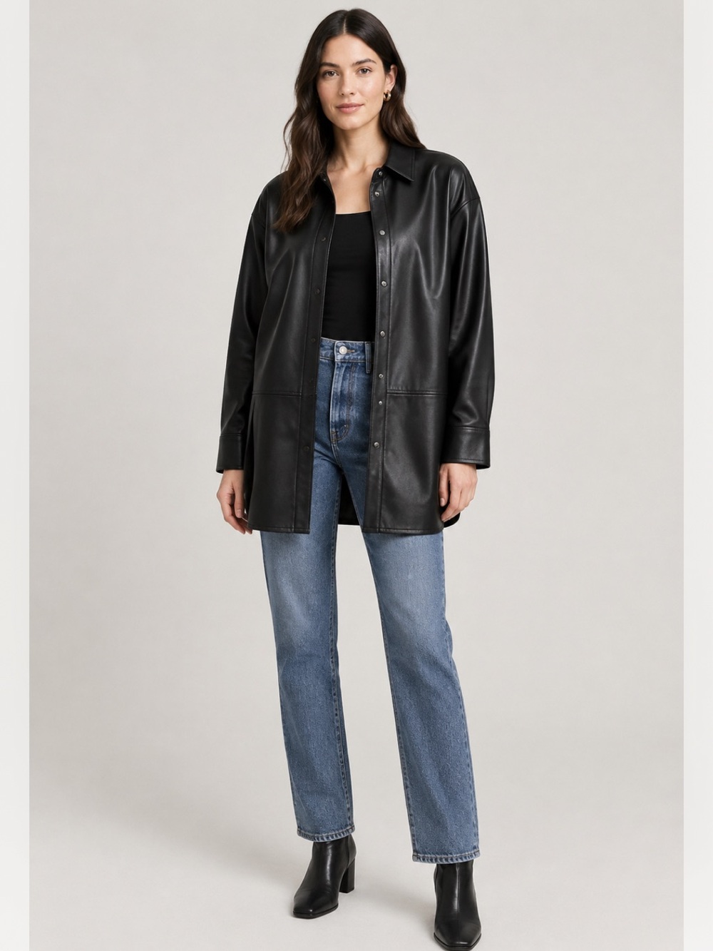 Dynamite Black Leather Snap-Front Bomber Coat